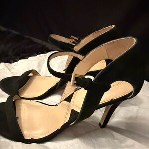 Adrienne Vittadini Garcia black suede strappy heels.